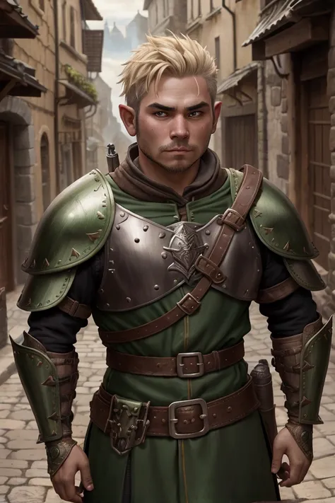 An adult gnome in a dark fantasy wearing green leather armor, brave face, Troublemaker, burglar, tons escuros,  brownish gray skin , It appears to have about 1 meter ,  young adult thin male ,  short hair,  blond hair , Sneaking,  Medieval City , masterpie...