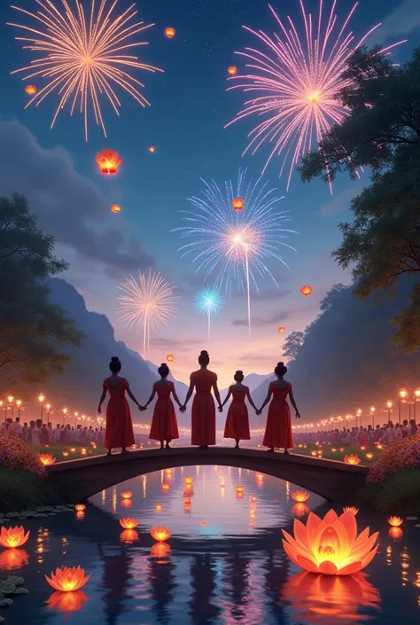 Northern Thai Yi Peng tradition, floating lanterns fill the night sky, flower krathongs fill the river, colorful fireworks, and women and men in Thai costumes standing on the bridge. People are happy. Image size 4:3