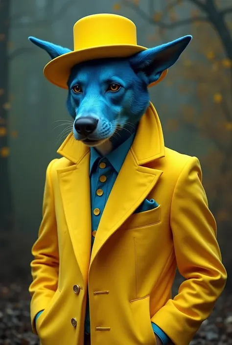 man in a yellow suit and hat wearing the mask of a blue dog