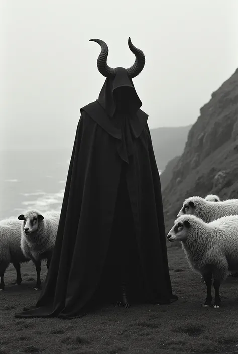 35mm photograph, [horned demon in a cloak]::1 on English cliffside with flock of sheep, high contrast, ultra minimalism,risograph [pulp art]::0.85 in the style of [Winslow homer]::0.45]in the style of brutalism::1.15 --ar 4:6 --v 5.2