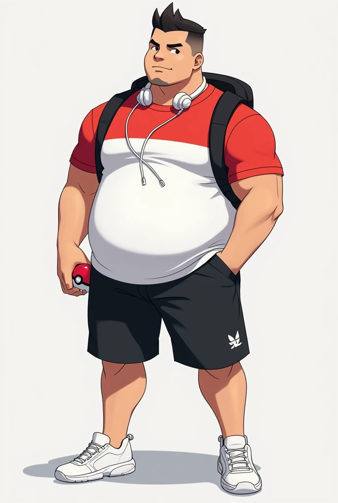  I want to create a current Pokémon trainer , 32 years old, with short hair, With a short beard without a mustache . Physically sturdy ,  180 centimeters tall and 120 kilos , who wears white sneakers,  black shorts and red and white t-shirt ,  he has no ha...