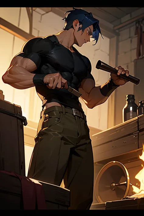 A muscular man with medium length, dark, blue hair stands in a forge, hard at work. He wears a tight black muscle shirt, and baggy brown pants. He is focused on creating items. He is in a fantasy setting.