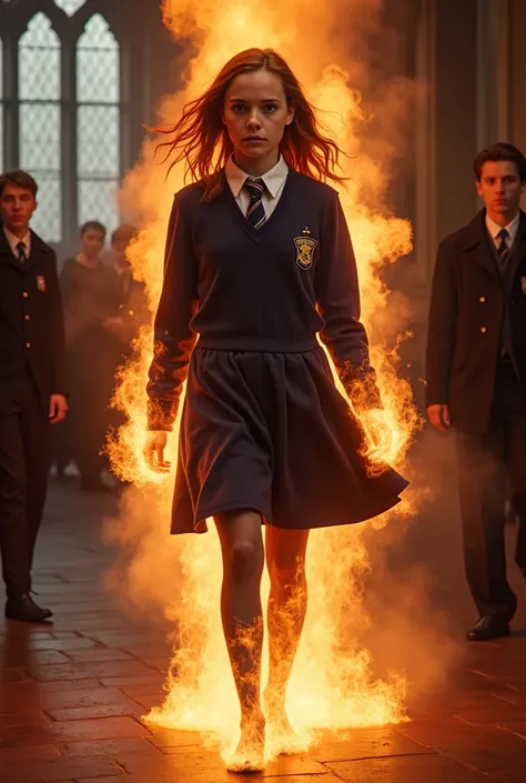 Emma Watson as Hermione Granger (wearing Dark blue HOGWARTS SCHOOL UNIFORM and white shirt and tie with white tights, shoeless:1.4). her body engulfed in  a colorful fiery plasma energy around her entire body. The entire room is ablaze behind her. Passersb...