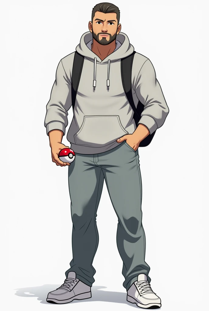  I want to create a current Pokémon trainer , 32 years old, with short hair, With a short beard without a mustache . Physically sturdy ,  180 centimeters tall and 120 kilos , who wears white sneakers, Pants and Huddie in a light gray set have no hat or obj...