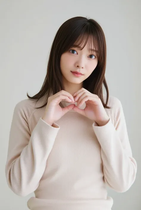 Only one smiling woman poses wearing cute pajamas with only her shoulders exposed, making a firm big heart shape with both hands, and holding them in front of her chest, View above collarbone、The background is a monotone 、
