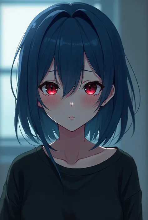 Anime girl with dark circles and red eyes and blue hair and wearing a black sweatshirt