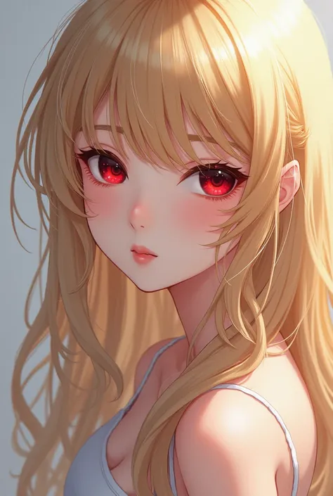 An anime girl with long shiny blond hair, very light skin, delicate air and dark red eyes. 