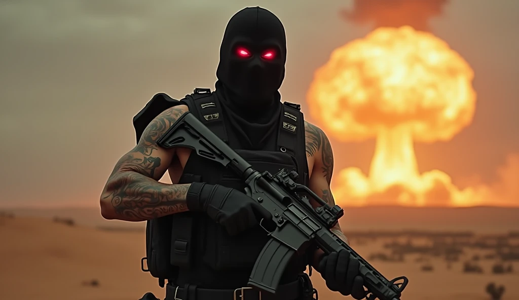 (((cinematic film still of soldier with a ghostmask in a black outfit holding a rifle modern warfare style))), (((((distant nuclear explosion))))), (((World War))), (explosion,fire:1.2), (smoke:1.4), (((((desert))))), (RTX) cinematic film shot in 70mm, dep...