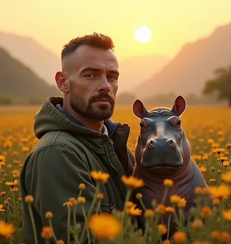 Realistic, handsome man 45 years old under cut hair, clear face details hd, standing beside a tiny  hippopotamus, yellow daisy garden, mountains on the background, yellow sky morning sun rising, foggy atmosphere 