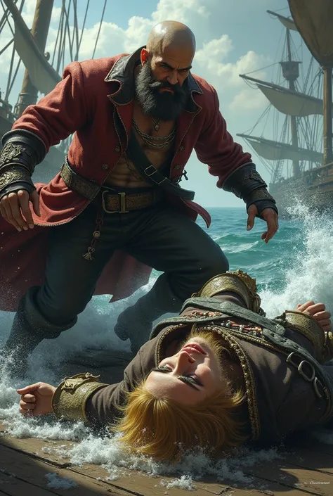 Bald bearded musketeer defeats blond pirate lying on the ground with a sinking ship