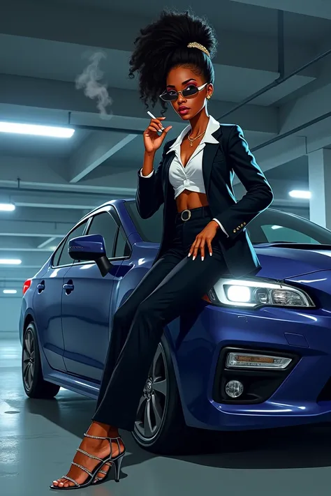  game image of a black woman in designer clothes smoking cigarettes leaning against a Subaru car, in the parking lot. 2D 