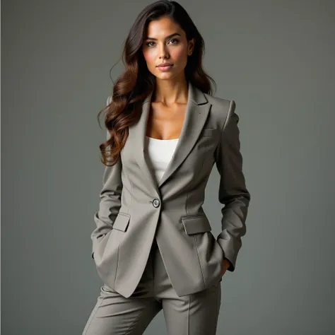 a woman with a striking presence,  wearing an elegant, well-fitting suit .  Her posture transmits confidence and sophistication ,  with soft features and a determined look . The suit, neutral in color and refined fabric ,  enhances her figure and reinforce...