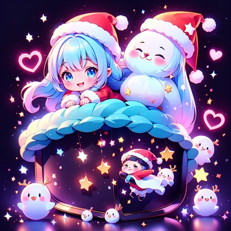 christmas、chibi、cute、大きなプレゼントボックスから飛び出してきたcuteサンタの恰好をした女の子、 black and white santa claus dress 、black dowel casket hat 、smiling h...