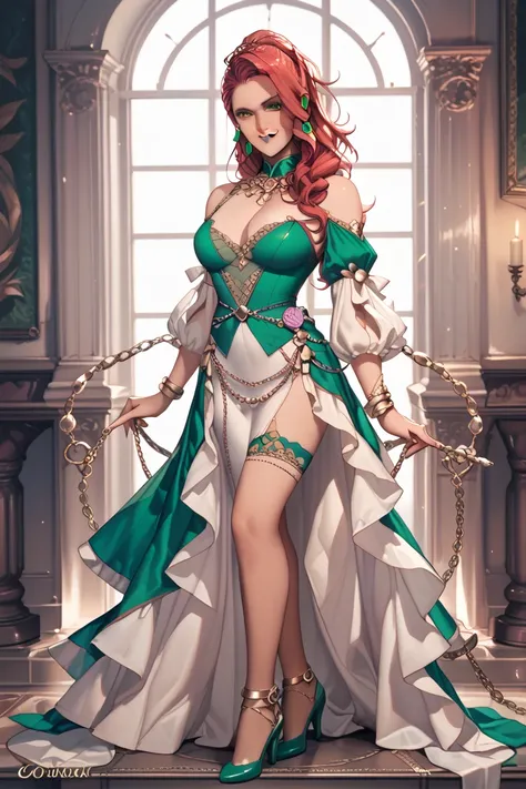 A full body image of a 24 year old woman.. Hair: Her long vibrant red hair is styled in an intentionally tousled look.
Face: deep red lips and sharp eyeliner. Her expression is playful, with a subtle, knowing smirk.
Clothing: A silk dress in a dark emerald...