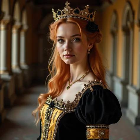 Women with strawberry blonde hair and an elegant hairstyle and a golden tiara with small black roses on her wearing a gold, black and silver tudor style dress standing in the hallway in a castle











