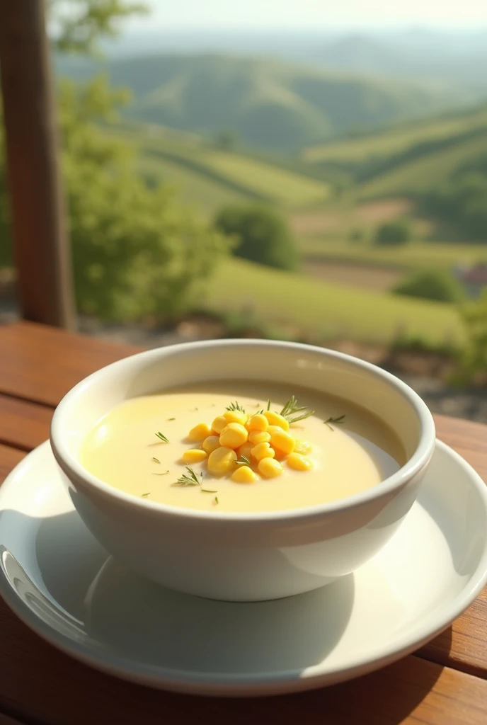 Milk soup with corn with landscape in the background and white plate