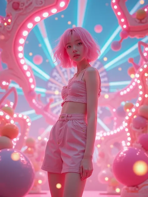 real photograph, 18 years old Jpop girl that has a y2k vibe with pink bob hair and surrounded by candy, pretty face, levitating among glowing, futuristic carnival rides. The rides twist and spin in impossible shapes, and the air is filled with sparkling li...