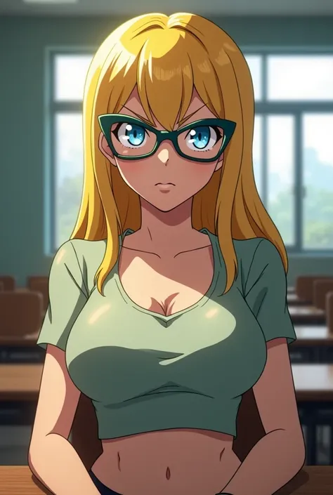 screenshot of my hero academia, blonde hair,  bright blue eyes, (((oversized cat-eye glasses))), busty t-shirt with exposed midriff, slim with huge breasts, ((huge sexy breasts)), sitting in a classroom, with his cold gaze.