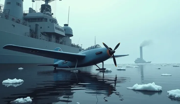 The image shows a small propeller plane on the deck of a large ship in the water. The plane is blue in color and appears to be a military aircraft. , with its wings spread wide and its nose pointing towards the right side of the image. The ship is grey and...