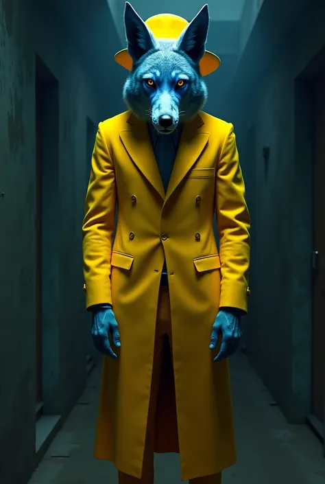 man in a yellow suit and hat wearing the mask of a blue jackal (terrifying)