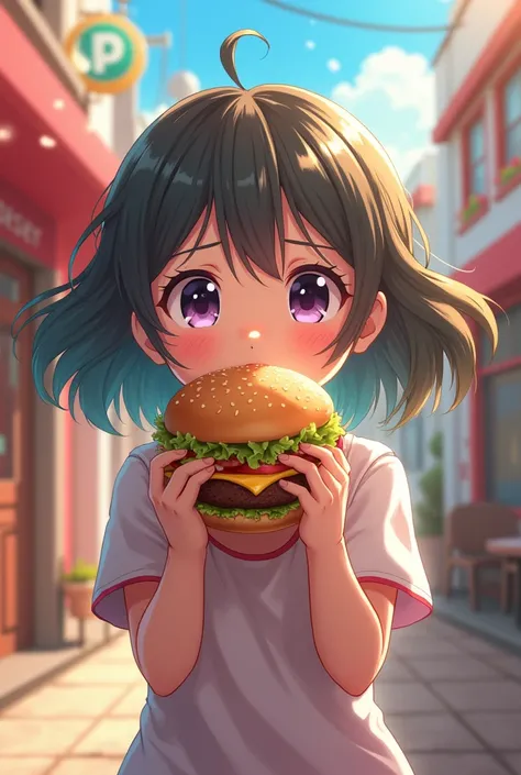 Anime girl clutching hamburger sideways
