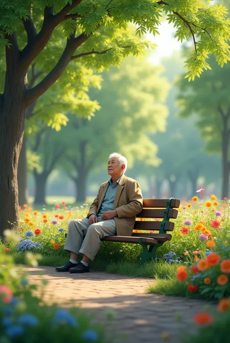 The old man is on the same bench ,  but the park is now filled with colorful flowers. The trees are full of green leaves,  and he is dressed more lightly .