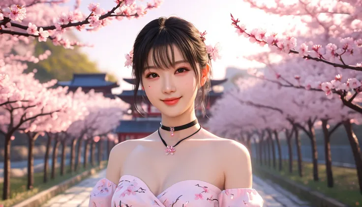  best quality,   ultra High resolution , (Photographically:1.4),  1 girl ,  nudes,  small breasts, pink nipples ,  black choker , smile,  bare shoulders,  Solo Focus ,  viewers who show the full nudity, white skin,sunset,cherry blossomsの木, photon mapping, ...