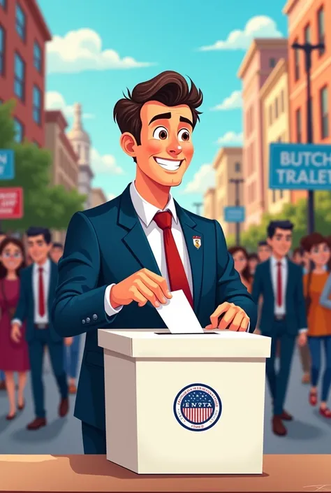 Make a cartoon picture of the city during the presidential election. a dashing civil servant with a handsome face who was inserting ballot paper into a white cardboard box with the KPU logo