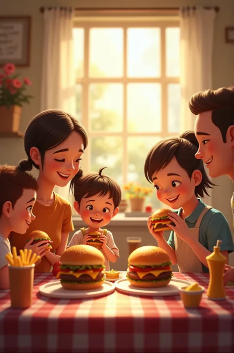 Family eating hamburgers 