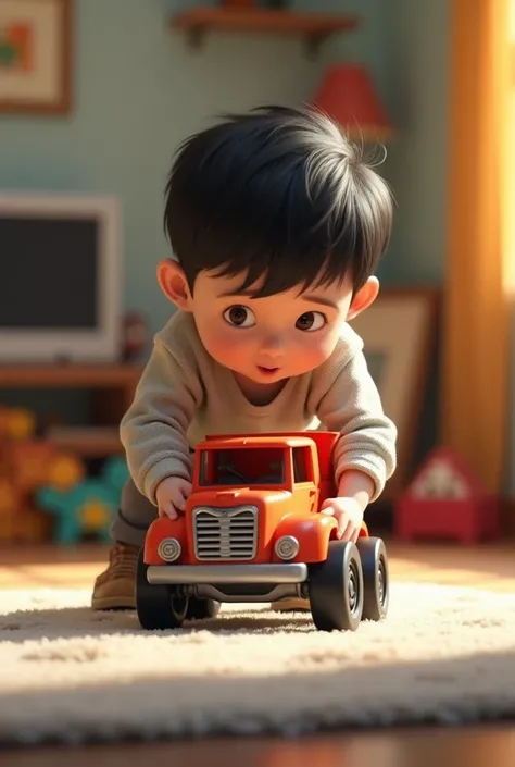 A black-haired boy playing truck 