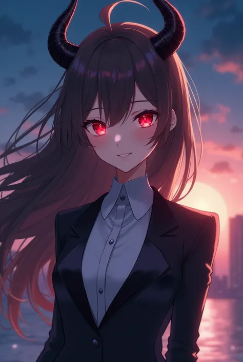 Beautiful girl smiling at night red eyes and brown hair and black horns on her forehead wearing an anime tuxedo 