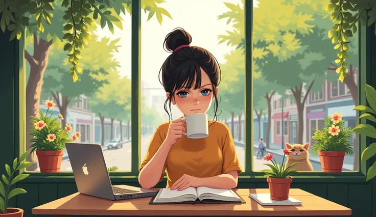 A serene and motivational Lo-Fi illustration featuring a young woman sitting at a cozy café table with a laptop and an open notebook. She is sipping a cup of coffee, her expression calm yet focused. Beside her on the table, a small vase with fresh flowers ...