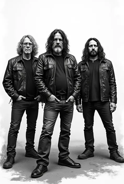 Create an illustration of Foo Fighters at their current age; in black and white colors, in horizontal format 