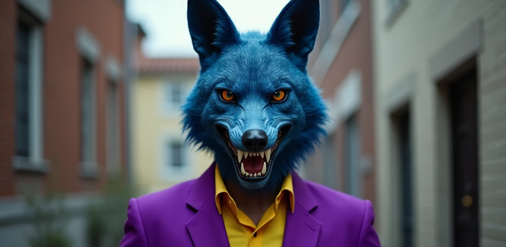 man in purple suit ,  yellow shirt and hat cloth wearing the mask of a blue jackal (terrifying) (smiling)