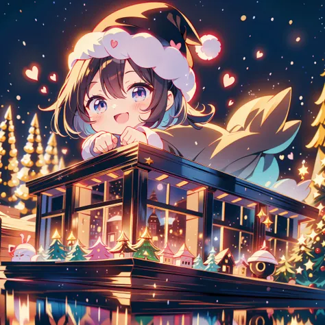  Christmas、Chibi、cute、cuteサンタの恰好をした女の子、 Black and White Santa Claus Dress 、Black Dowel Casket Hat 、Smiling happily、Happy Space、heart、 neon light、Mysterious、 absurd、 fantasy 、赤と緑のheartのイルミネーション、