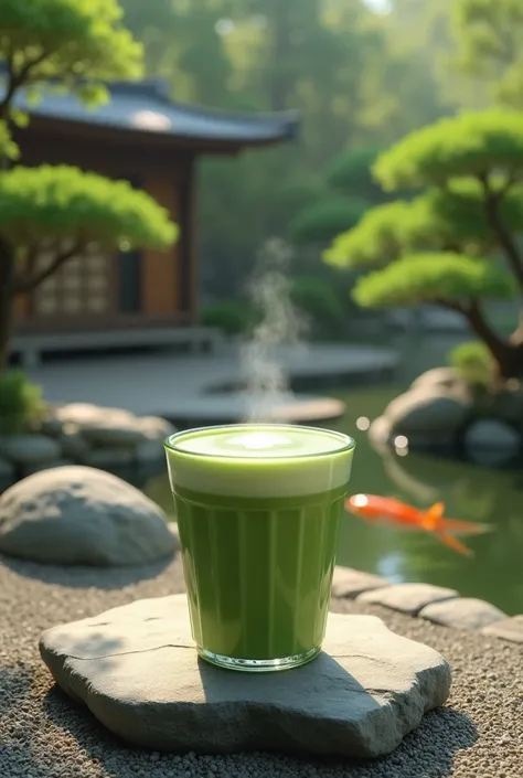 A matcha latte in a zen garden