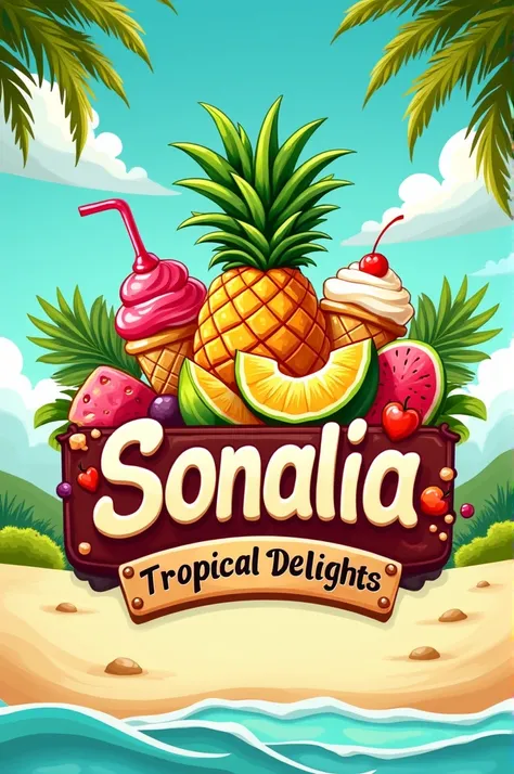  Create a logo for my company where we sell Pina with chopped fruit inside and ice cream on top , a watermelon also with chopped fruit on top ,  refreshing and Caribbean we also sell coconut water and strawberries with cream a sign in Spanish that says Son...