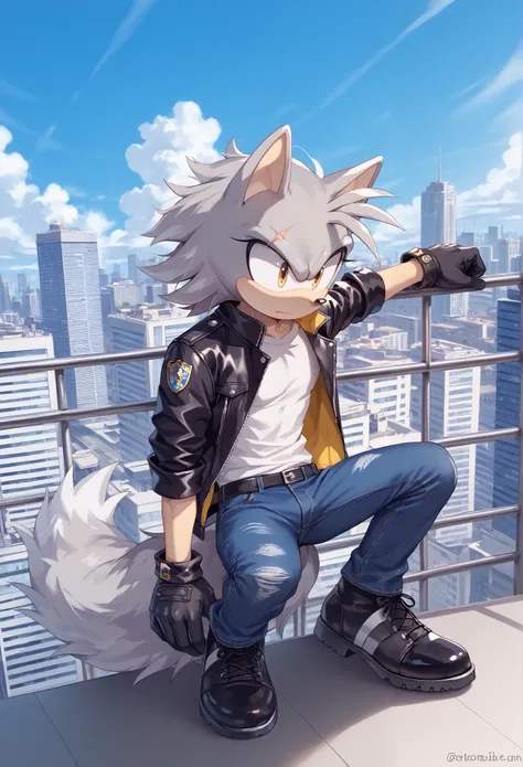 Male Wolf, ((Sonic character oc )), Male adult, ( silver fur in all body ), ( light gray inner ears ), (Alone), ( Short wild and messy hair ), City, scar near the left eye that crosses the left eye diagonally, wears a white T-shirt, closed black leather ja...
