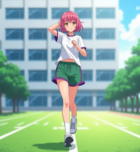  A 17-year-old anime lady , anime To love ru,  soft lighting ,  She is jogging on an athletic field with her classmates in a huge white school with four-story blue tinted windows in the city of Tokyo, during the day, she measures 167 cm , Her measurements ...