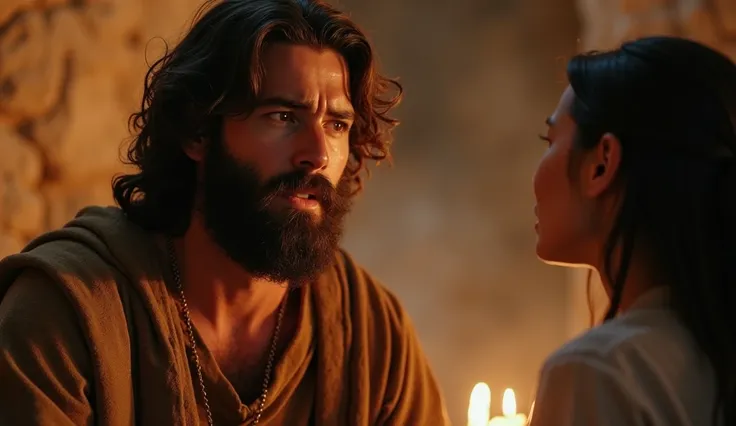 Judah Sad: A close-up of Josephs body speaking to a young woman, his face illuminated with a sad expression. The background features a soft glow and subtle images of key moments in his life, symbolizing guidance and lessons from the Bible.