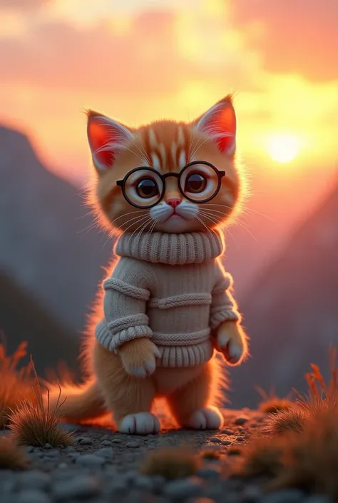  cute kitten、 standing like a human、 facing the front 、Glasses、 sweater、Realistic、Beautiful sunrise with a background 、 Kitten smaller than the background 