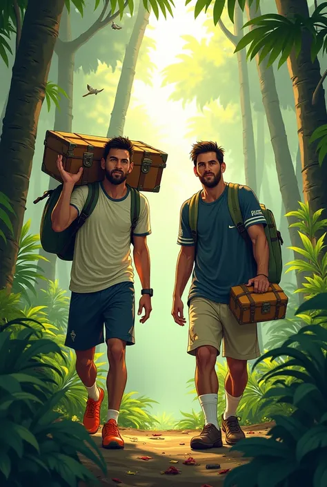 " Create a detailed illustration of Neymar and Messi in a rainforest . Neymar,  with a simple shirt and sports pants ,  carries a medium trunk over the shoulders with relaxed expression , while Messi , wearing casual country clothing ,  holds a smaller tru...