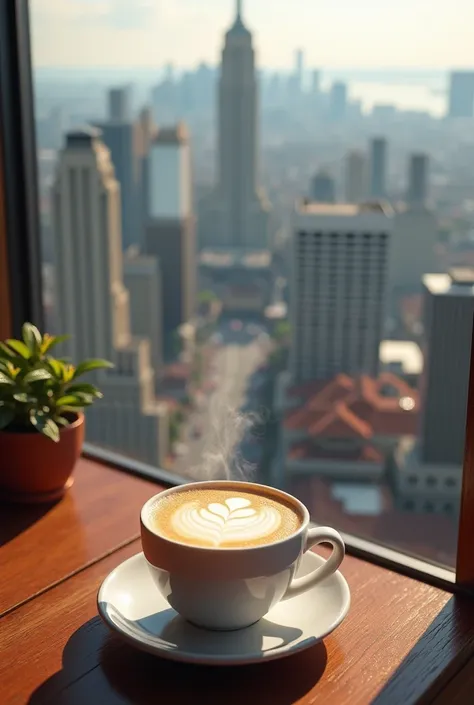 Un cappucino sur une table avec une vue sur la ville depuis les hauteur d’une tour