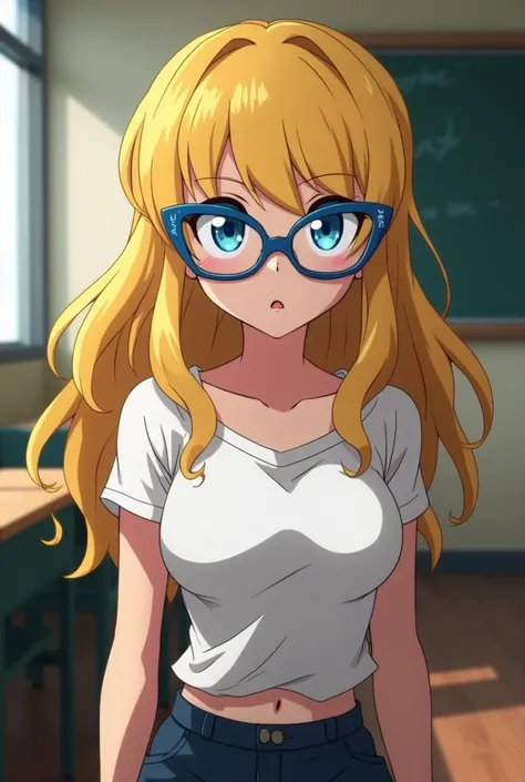 screenshot of my hero academia, blonde hair,  bright blue eyes, (((oversized cat-eye glasses))), busty t-shirt with exposed midriff, slim with huge breasts, ((huge sexy breasts)), sitting in a classroom, with his cold gaze.