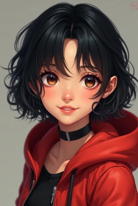 Beautiful realistic girl with olive skin ,  short and slightly curled black hair ( WITHOUT any ponytail or open book hairstyle) ,  dark and slightly Asian eyes  , wearing a red Hoddie jacket , age 19 years,  have a happy face , (  WITHOUT any accessories s...