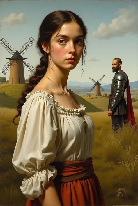 of Marcela , a young shepherdess ,  in a natural landscape from the 1605 era with elements of windmills or a background of Castilla-La Mancha.
 And in the background there is a tall, slender man with a mustache and beard ,  and a suit of armor ,  watching ...