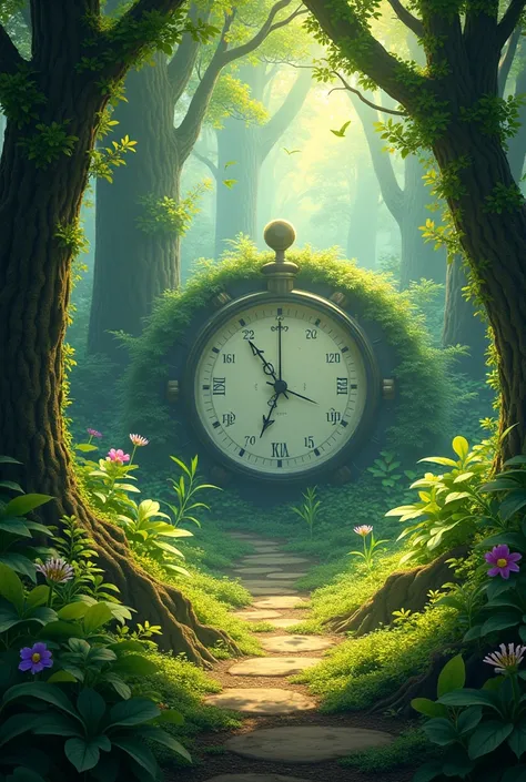 A forest in summer with a clock and an arrow 
