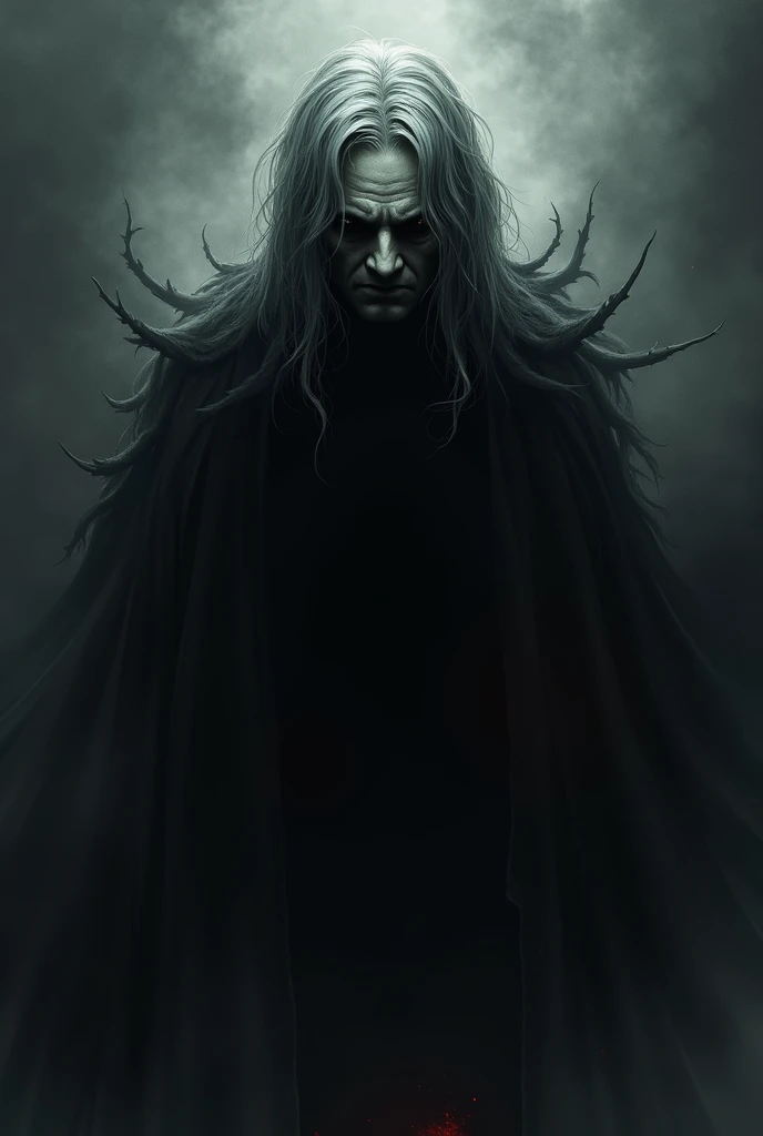 Gray Hair、 shoulder length hair、 has pale and creepy skin 、 is trapped by something black、God of Chaos and Carnage 