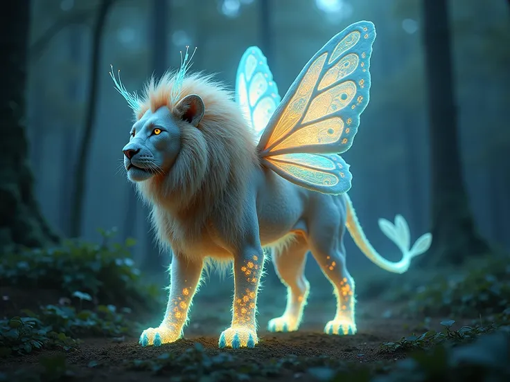 Create an imaginative and surreal creature that blends various animal traits in an unusual and fantastical way. The creature should have a body made of translucent, shimmering scales like a fish, with the wings of a giant butterfly, and the head of a lion ...