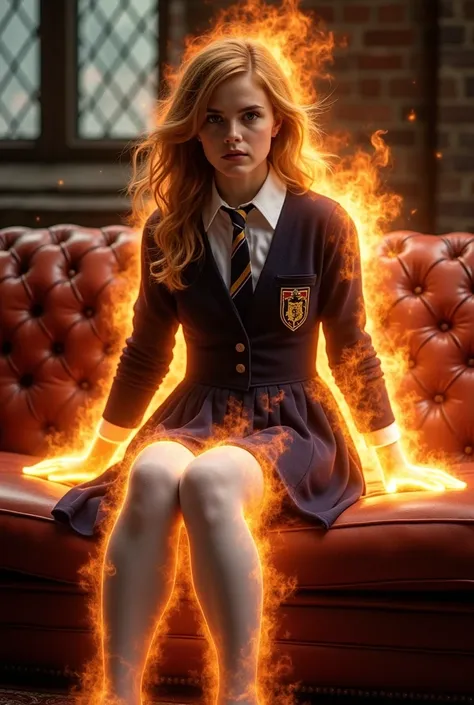 Emma Watson as Hermione Granger (wearing Dark blue HOGWARTS SCHOOL UNIFORM and white shirt and tie with white tights, shoeless:1.4). sitting on couch in Hogwarts lounge. her body engulfed in a colorful fiery plasma energy around her entire body. The entire...